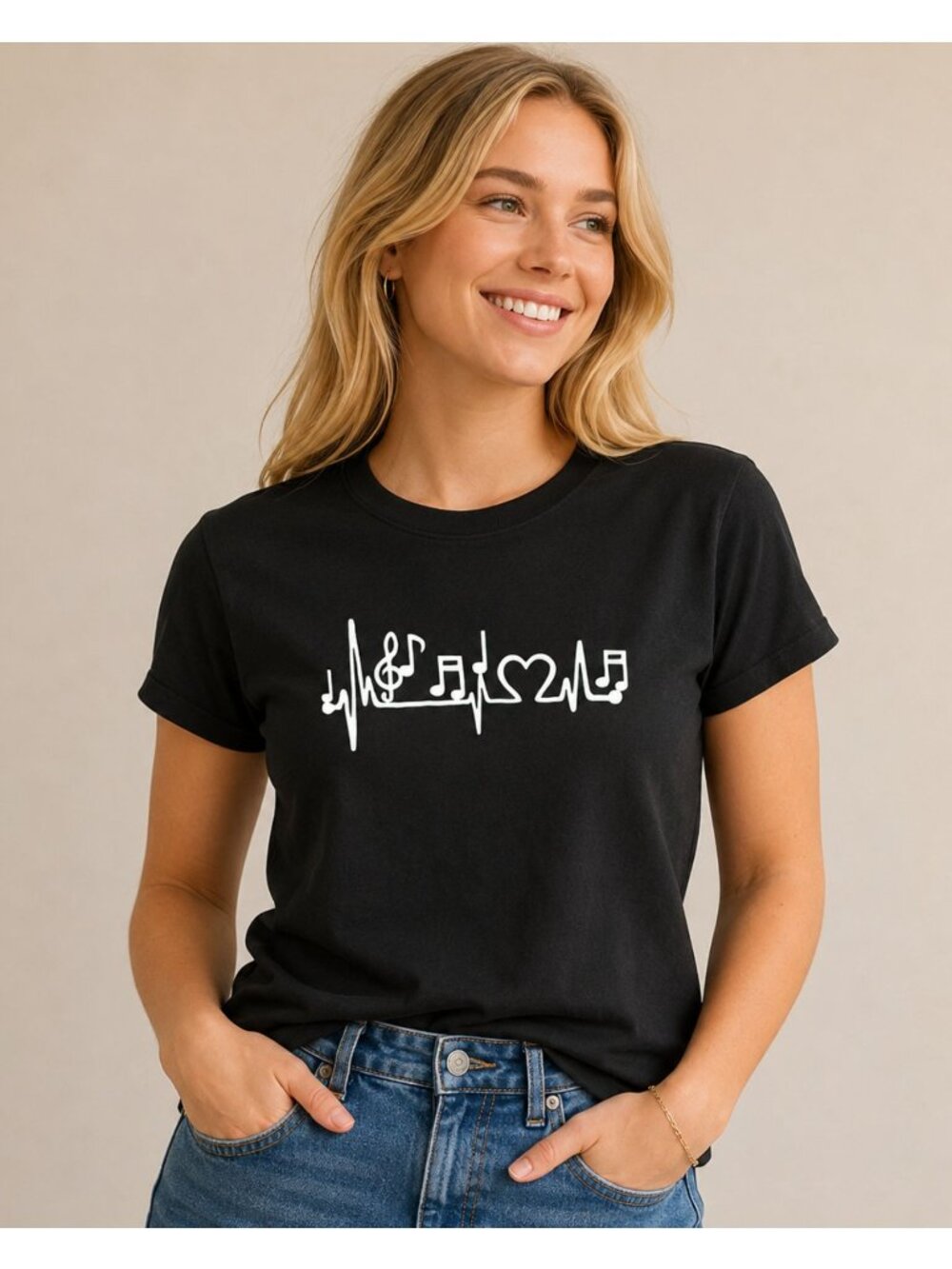 Music Heartbeat Tee Womens XL Black Treble Clef Notes Heart Musician Shirt